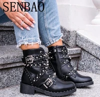 women leather ankle boots ladies autumn buckle short boots square heel rivet for woman black fall winter punk motocycle shoes