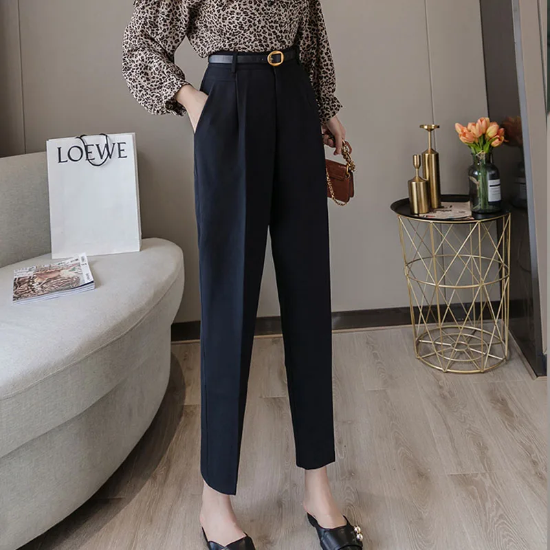 Брюки женские с завышенной талией элегантные свободные модные однотонные