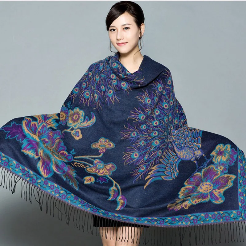 

Double Sides Winter New Women's Pashmina Cashmere Shawl Large Squar Peacock Scarf Oversize Soft Wrap Thick Blanket Poncho
