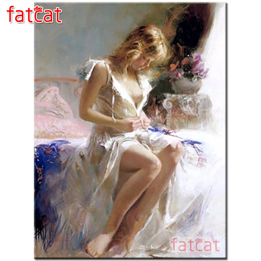 

Набор для алмазной вышивки с изображением женщины FATCAT, самодельная картина из квадратных и круглых страз, для девочек, рукоделие, украшение ...