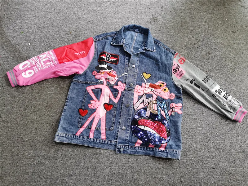 

2021 Spring autumn fashion sequins cartoon leopard denim jackets loose Lady streetwear coats dropshipping