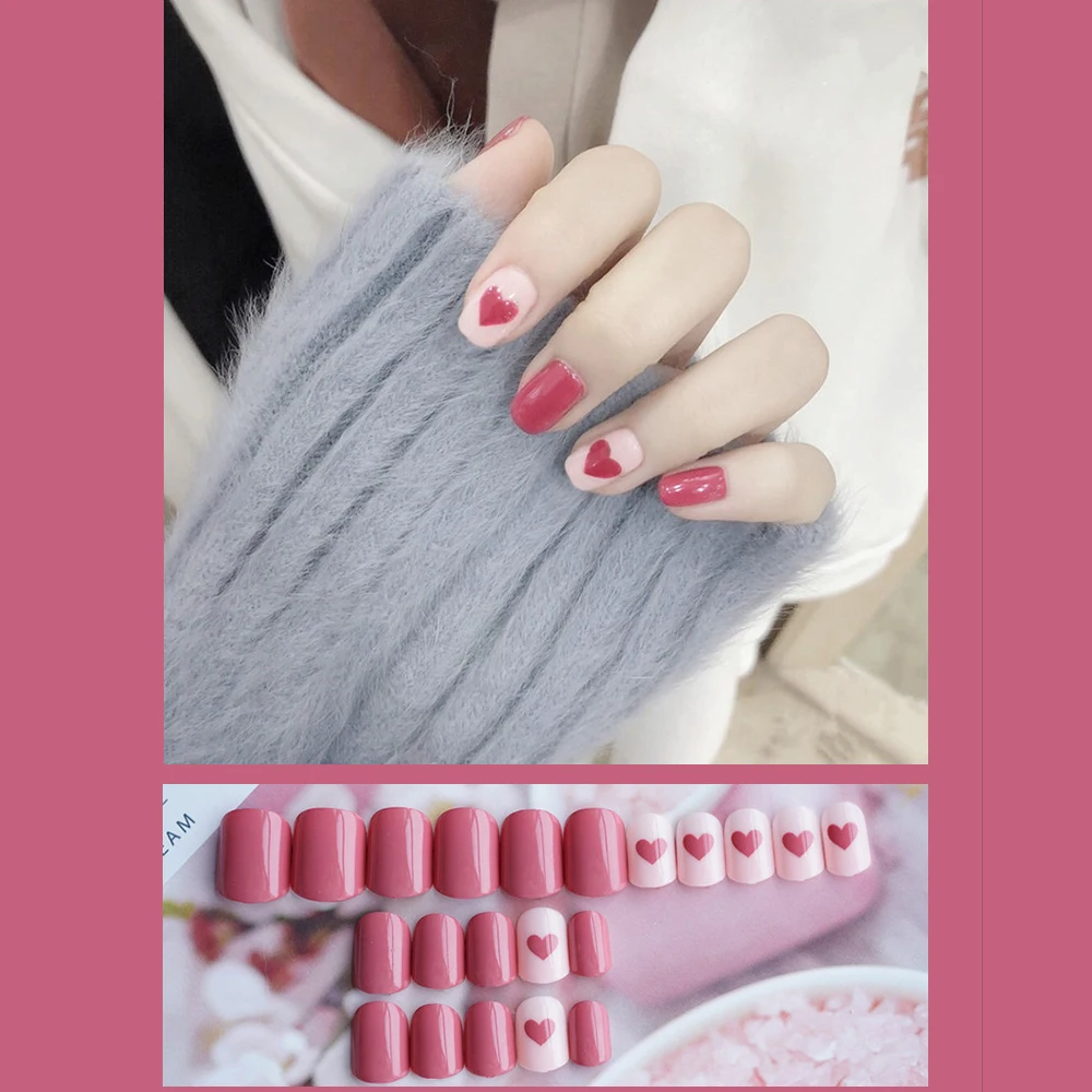 24Pcs Artificial Fake Nail Press on Full Cover Nails Tips Pink Shiny False Short Extension Jelly Removable For Reuse | Красота и