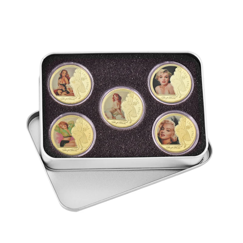 5pcs coin with case WR Мэрилин Монро золотые коллекционные монеты с держателем для монет на заказ вызов монеты антикварные оригинальные монеты подарочный набор дропшиппинг - Цвет: 5pcs coin with case