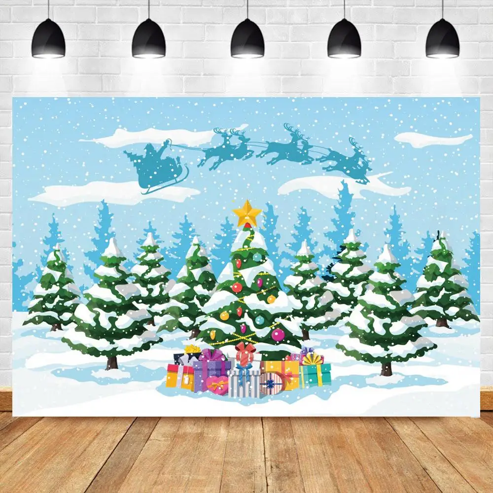 Фон для фотографии "Рождественский олень на санях Санта-Клауса на фоне деревьев и зимнего леса с снегом".