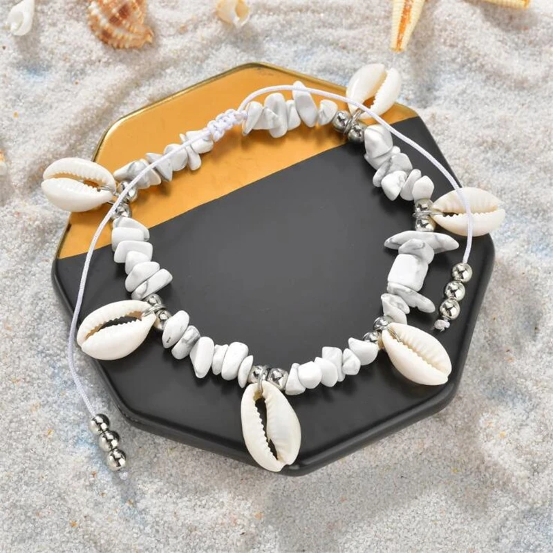 Женские ножные браслеты в стиле бохо с ракушками и каменными бусинами пляжные