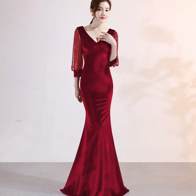 Осенне-зимние женские сексуальные бархатные вечерние платья с v-образным вырезом