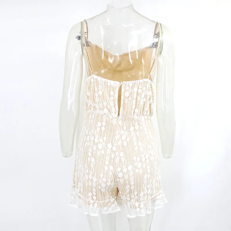 

Foridol White Lace Tulle Rompers Overalls for Women Summer Beach Sleeveless Strap Ruffle Drapped Neck Playsuits Short Jumpsuit