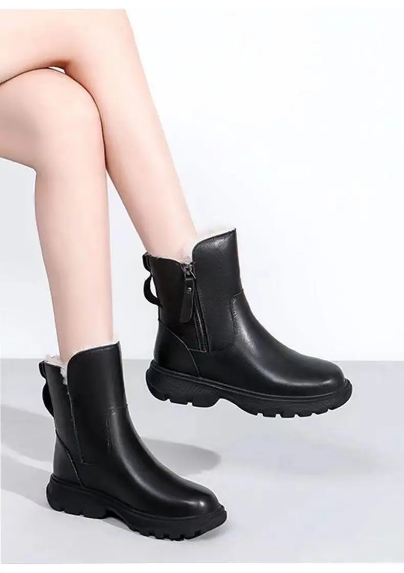 

Nausk 2021 Snow Boots Thick Bottom Wedge Leather Winter Warm Leisure Outdoor Wool Short Boots Women