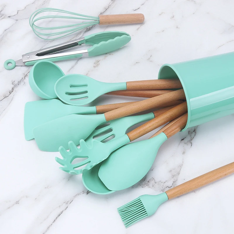 

Silicone Cooking Utensils Set Non-stick Cookware The Wooden Handle Easy To Clean Kitchen Utensils Cocina Gadget Conjuntos