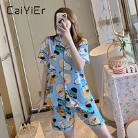 caiyier cute print summer pajamas set turn down collar short sleeve shorts sleepwear cartoon womens nightwear korean loungwear