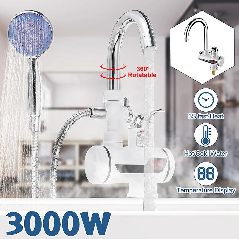 

3000W Tankless Instant Electric Water Heater Temperature Display Water Heating Kitchen 360° Hot Cold Water Faucet Heater