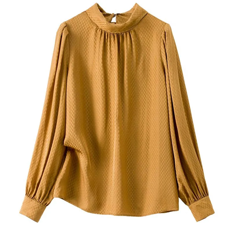 

Bow Tie Elegant Shirts 2021 Spring Summer Silk Blouses Women Vintage Jacquard Floral Print Long Sleeve Blue Green Brown Tops XL