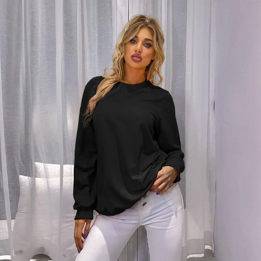 

Базовый свитшот для женщин, однотонная фиолетовая, черная, оранжевая базовая одежда с длинным рукавом и круглым вырезом, топ, Классический п...