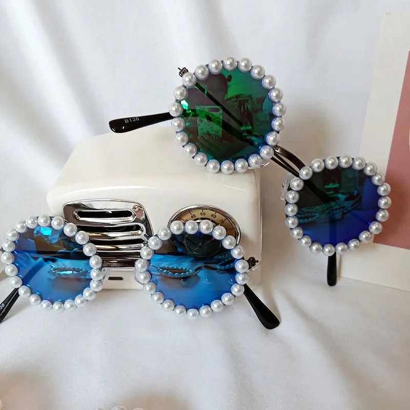 Милые детские солнцезащитные очки 2020 года с металлическим круглым жемчугом для