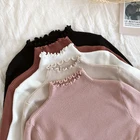 Свитер с высоким, плотно облегающим шею воротником для женщин свитера 2019 осень-зима свитер женский тонкий трикотажный пуловер высокие эластичные топы белого цвета, свитер с оборками