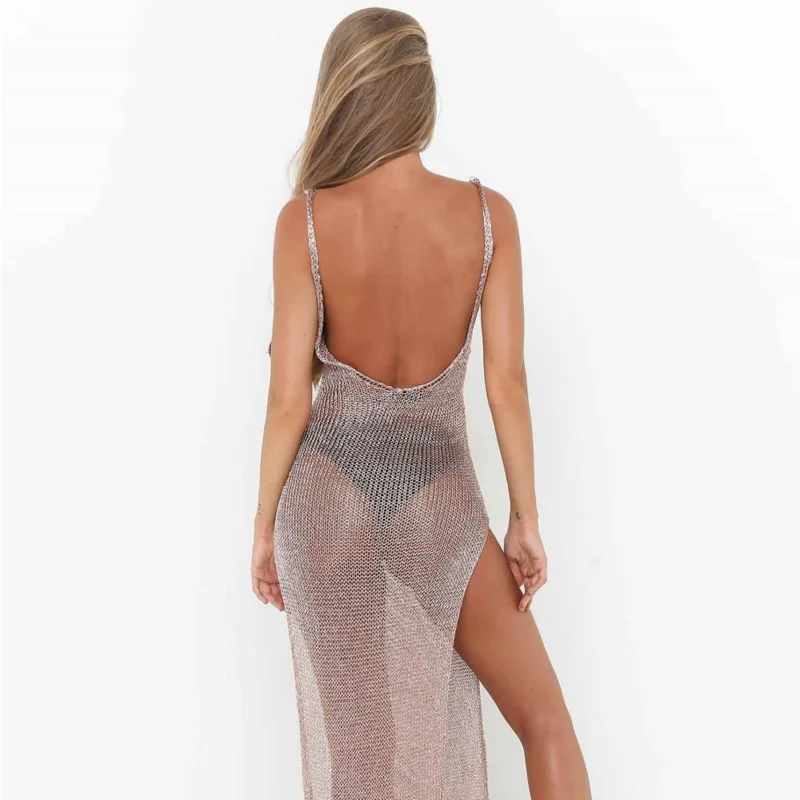 

Women Spaghetti Strap Long Dress Lady High Split Sexy Backless Mesh See Through Maxi Dress Slim Bodycon Clubwear Party Evening