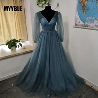 myyble new arrival v neck tank sleeves evening party dresses dusty blue formal gowns vestidos de noche largo prom dress 2021