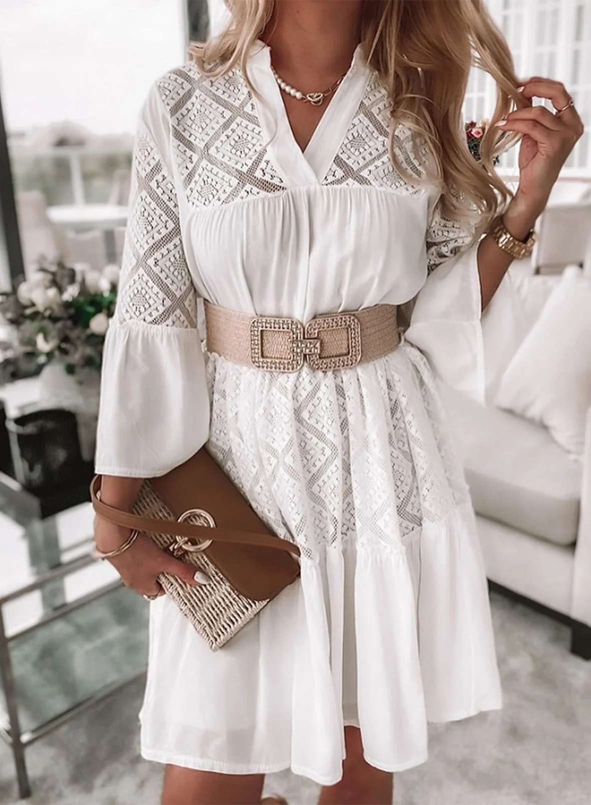 

Beach Dress For Women 2021 Summer Sexy White Lace Hollow Out Dresses Flare Sleeve Patchwork Feminine Clothes