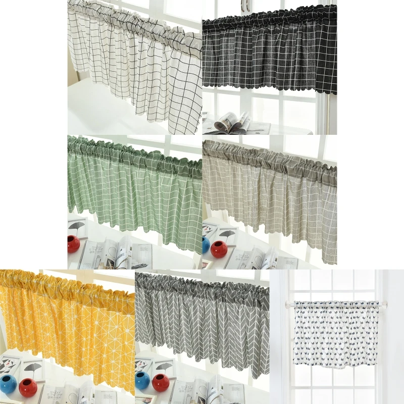 

Pastoral Style Short Half Window Curtain Plaid Leaves Print Valance Single Rod Pocket Tiers Drape for Kichen Farmhouse Bedroom