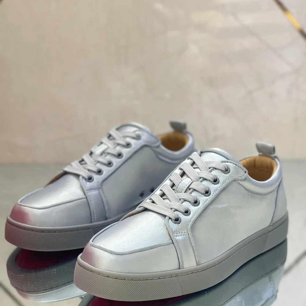 

Low Cut Red Bottom Blue Gray Silk Genuine Leather Shoes For Men Lace Up Spikes Casual Flats Loafers No Rivet Ladies Sneakers