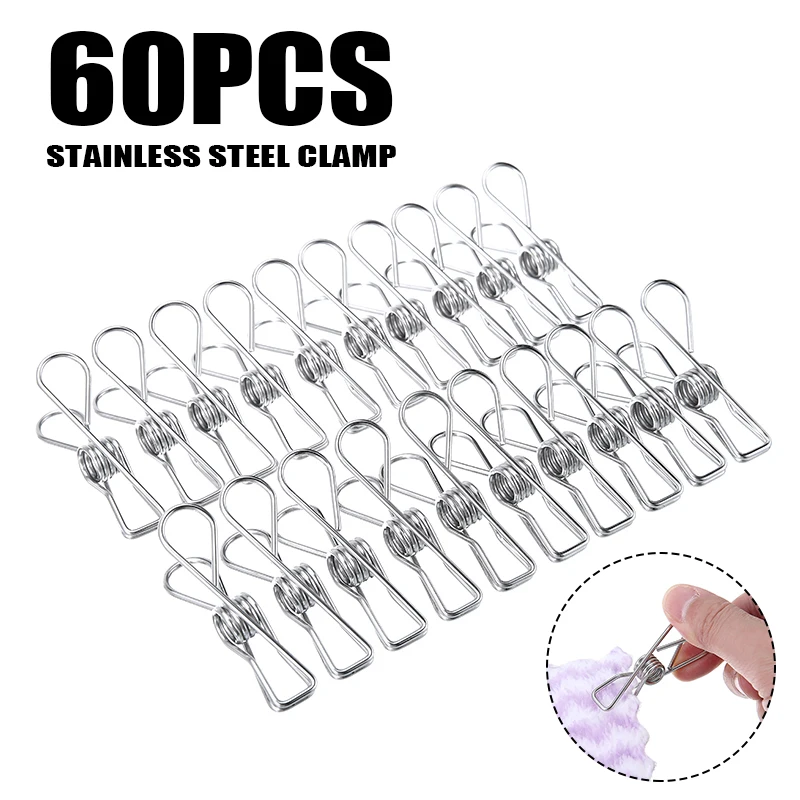 

60Pcs Stainless Steel Multi-funtion Clothes Pegs Hanging Clip Pins Laundry Windproof Clamp Household Clothespin