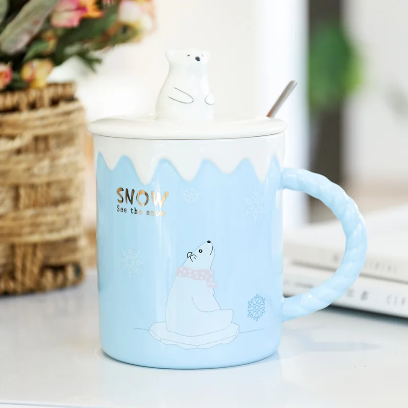 Creative bear ceramic mug cartoon mark cup coffee with lid and spoon | Дом и сад
