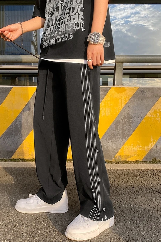 

Men's Summer Stripes Breasted 2021 New Straight Loose Wide Leg Draping Sports Pants