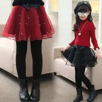

6-10 years clothing girls baby leggings autumn and winter plus velvet thickening princess net yarn pearl dress long pants dress