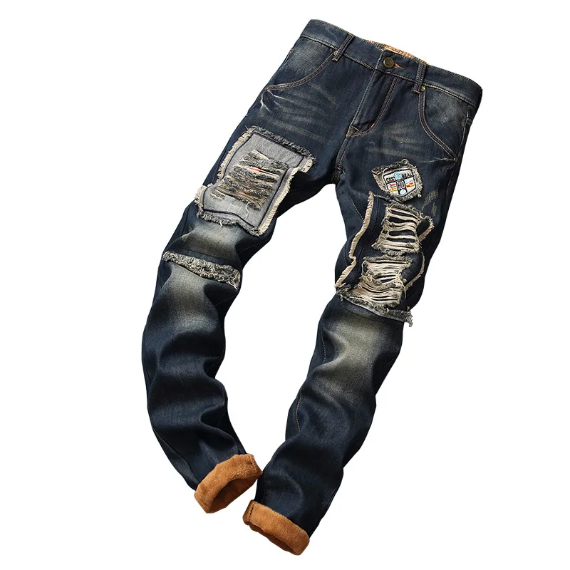

Wimilous the new hole in qiu dong with velvet thickening jeans men tide style men's long pants Ripped jeans