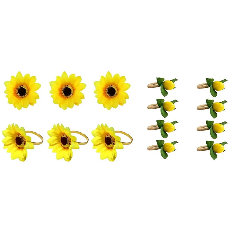 

New 6Pcs Sunflower Napkin Rings, For Table Parties With 8Pcs Simulation Lemon Plant Napkin Ring Fruit Hotel Napkin Ring