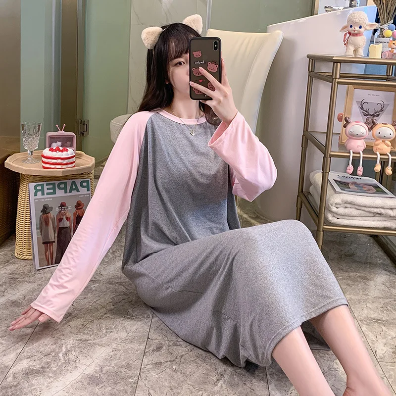 2021 Spring and Autumn New Long Sleeve Korean Fresh Nightdress Women's Casual Loose Pink Gray Pregnant Women's Long Home Wear