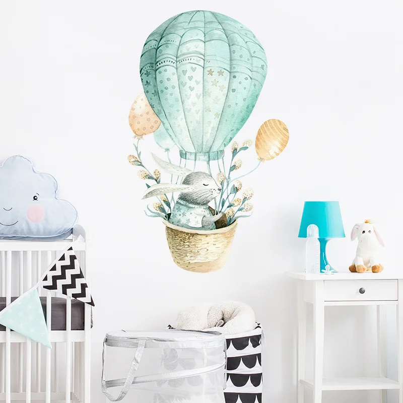 Cartoon Bunny Hot Air Balloon Wall Sticker kids child room home decoration wallpaper Cute animals bedroom mural nursery stickers | Дом и сад