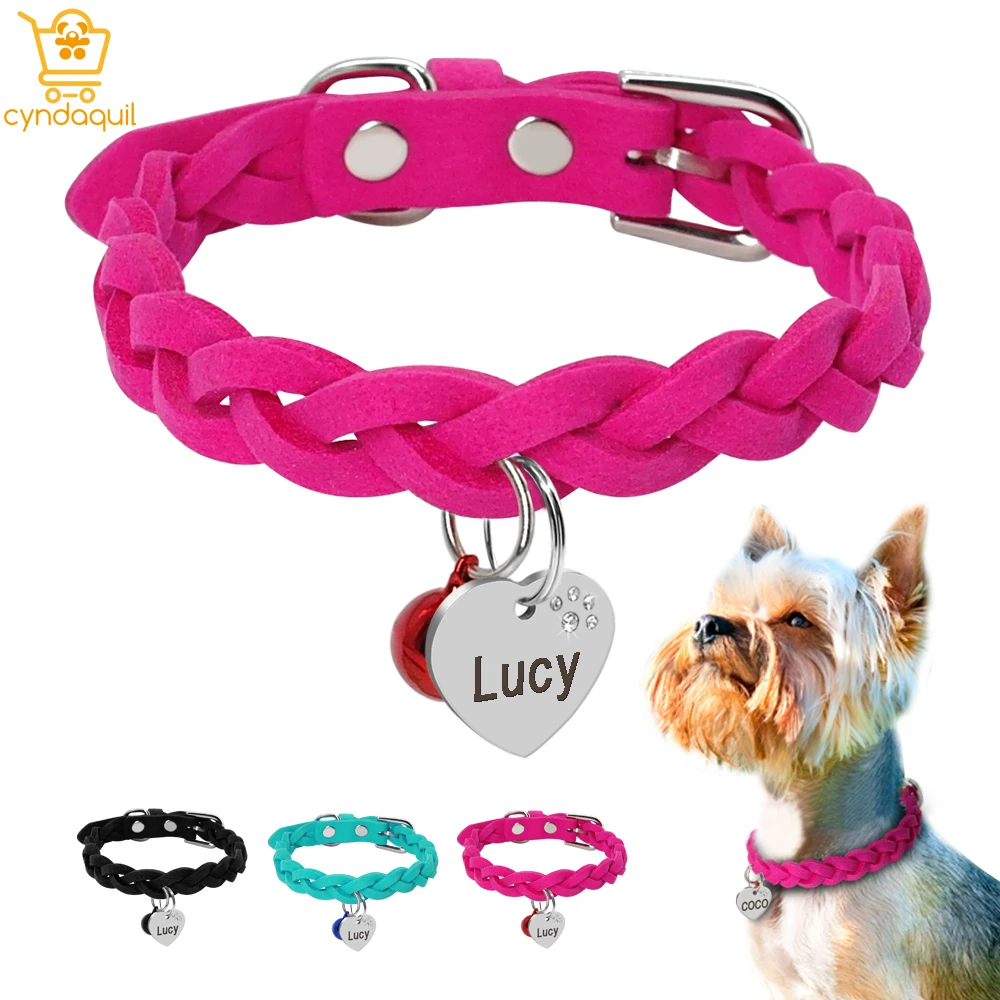 

Suede Leather Custome Dog Cat Collar Free Engraving Puppy Kitten Bell Collars Braided Neck Belt With Engraved Heart ID Tag