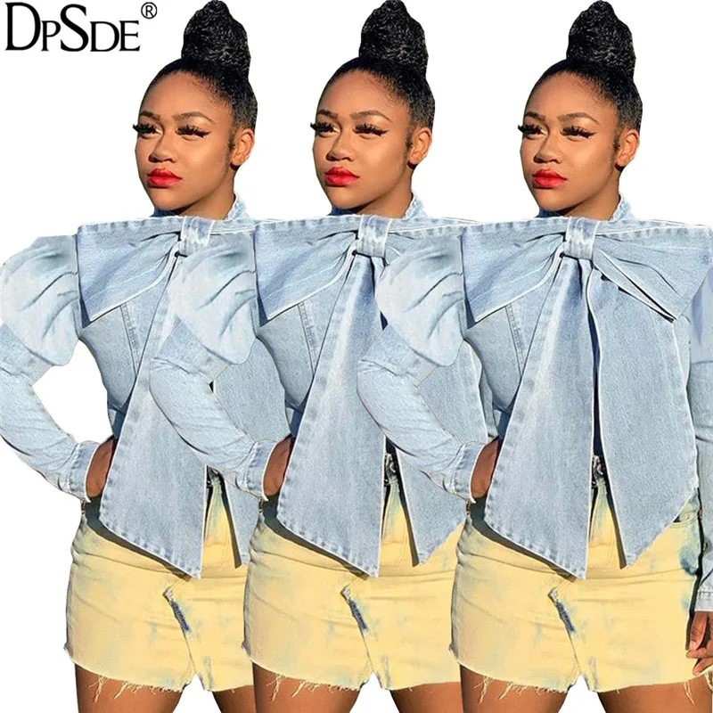 DPSDE Big Bowknot Casual Denim Top Full Bubble Sleeve Streetwear Short Light Blue 2020 Autumm Show Thin Age Reduction | Женская одежда