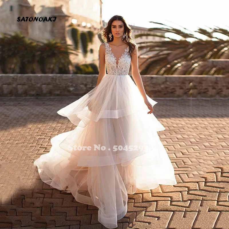 

Sexy A Line Boho Wedding Dresses 2021V Neck Lace Applique Beach Bridal Gowns Backless Ivory Vestido De Novia Mariage Sukienki