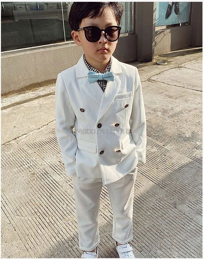 

Children Formal Graduation Dress Kids Tuxedo Costume Boys White Baptism Wedding Suit European Flower Boys Jacket Pants Suit