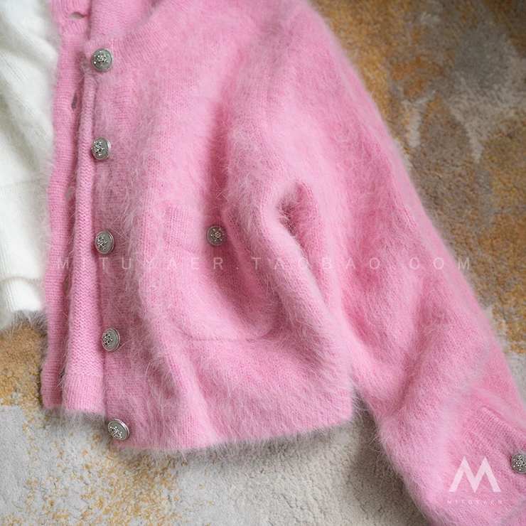 Женский короткий вязаный кардиган элегантный розовый/белый из искусственного