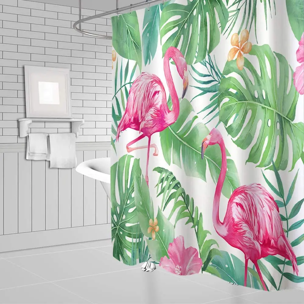 

Pink Flamingo Green Tropical Leaves Shower Curtains Monstera palm Leaf Jungle Plant Fabric Bathroom Curtain Decor Set with Hooks