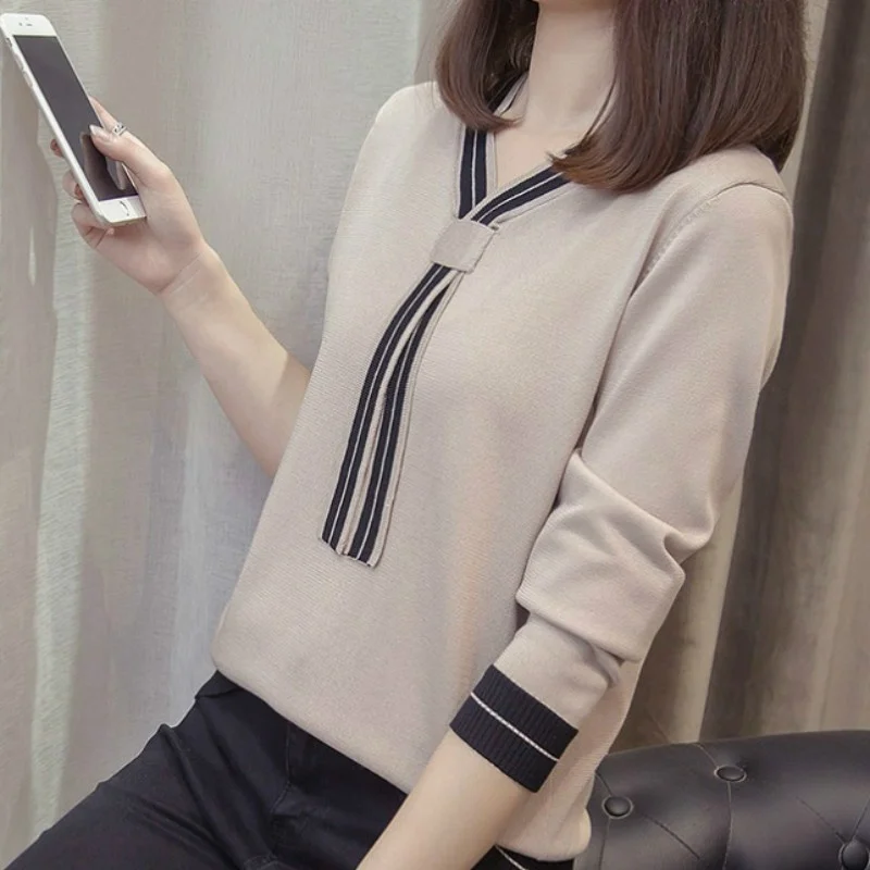 

Women Tied Jumper Pullover Knitted Sweater V Neck Contrast Color Top Thin Knitted Bottoming Shirt Plus Size Clothing 936-101
