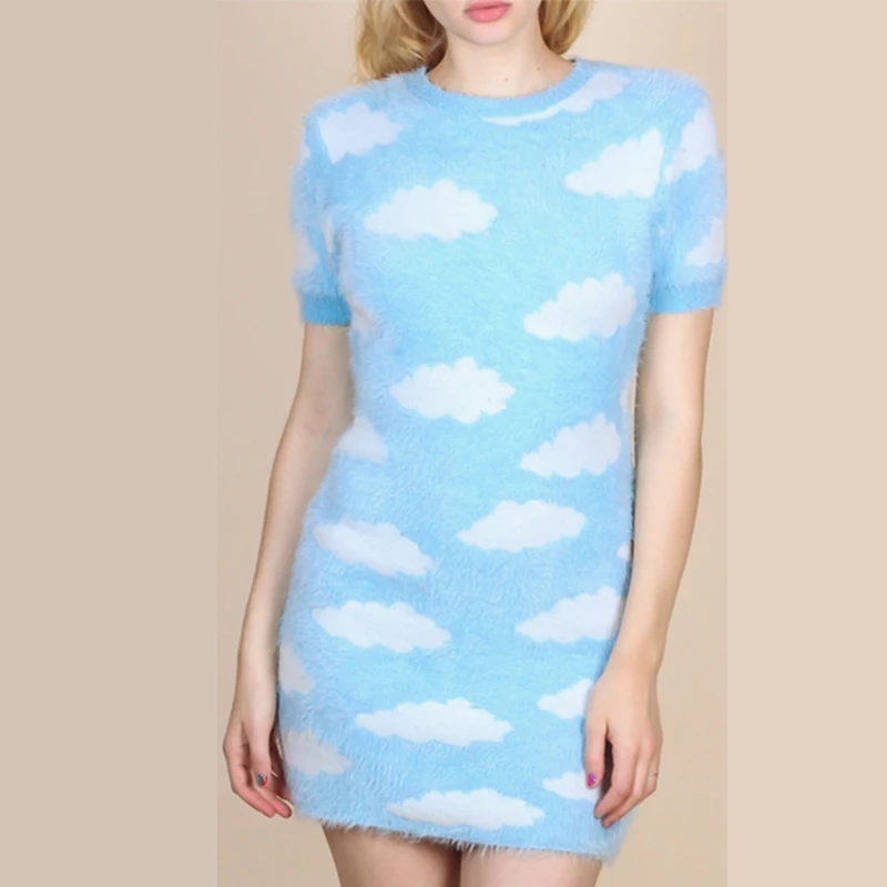 2020 г. Весна-осень свитер для молодых девушек небо и облако мини-платье модное