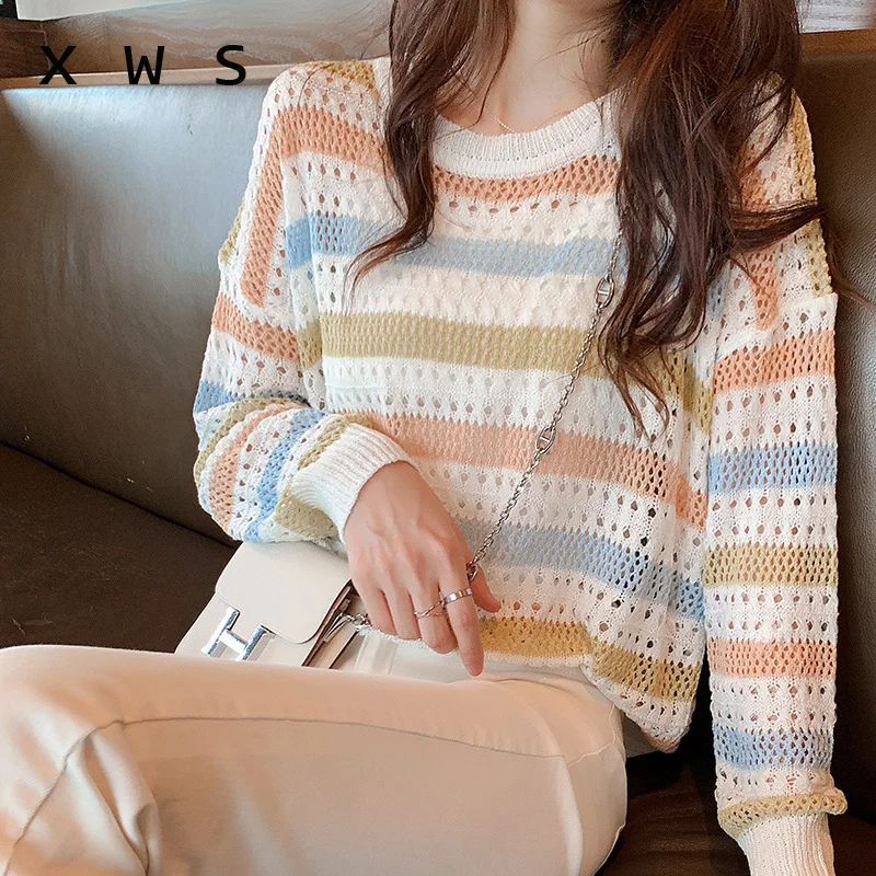 

Sexy Hollow-out autumn sweater female loose casual long sleeve o neck strip kint loose oversized pullover female jumper 2020