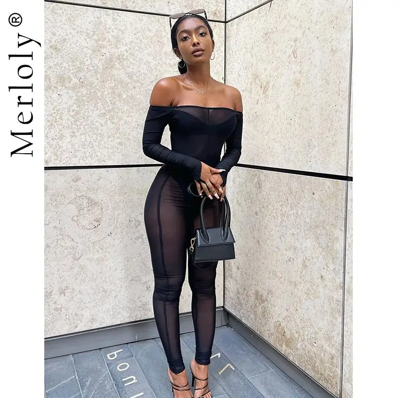 

Sexy Slash Neck Transparent Bodycon Jumpsuit Women Off Shoulder Skinny One Piece Rompers 2021 Fall Summer Nightclub Party Outfit