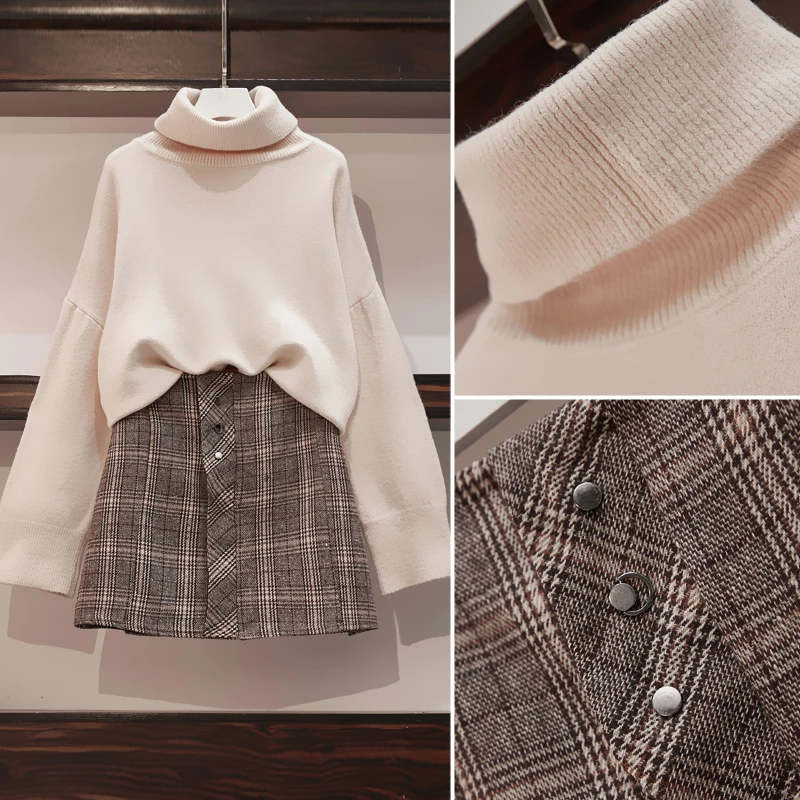 

Large Size Ladies' New Winter Suit Thickening Turtleneck Sweater Grid Skirt Knitwear Two Pcs Clothing Set Leisure Suits Knitwear
