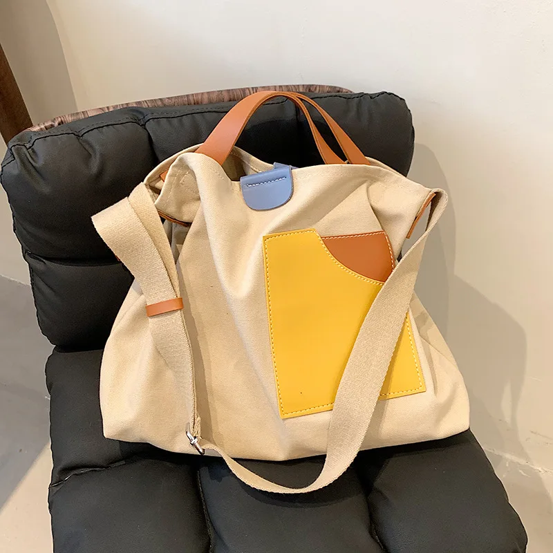 

High-capacity Canvas Bag Women's Summer 2021 Clash-colored Patchwork tote Commuter shoulder Bag Versatile casual Tote bag