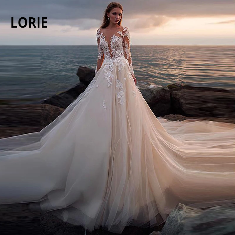 LORIE/кружевные свадебные платья, иллюзия, длинный рукав, длинный шлейф, кружево с аппликацией, vestido de casamento, белое платье для невесты цвета слоновой кости