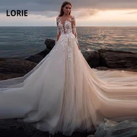 lorie lace wedding dresses 2019 illusion long sleeve long train lace with appliques vestido de casamento whith ivory bride dress