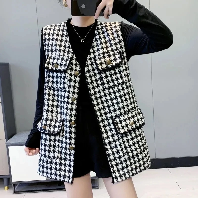 

Женский твидовый жилет в клетку, винтажный однобортный клетчатый кардиган без рукавов