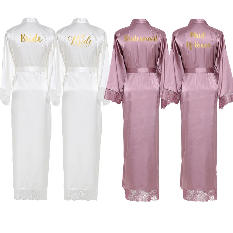 Silk Satin Lace Robes Bridesmaid Bride Robes Bridesmaid Robes Wedding Long Robe Bathrobe White Bridal Robe
