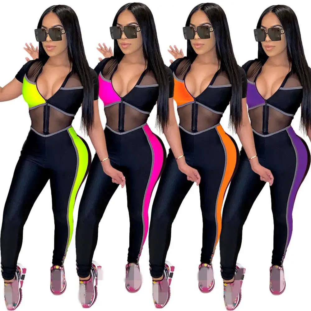 

Women Patchwork Print Jumpsuits Short Sleeve Zippers Skinny Jumpsuit Mesh Elastic Bodysuit Casual Ladies Outdoor Wear