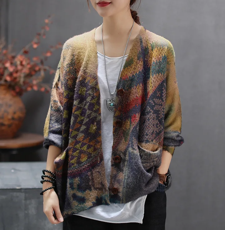 Autumn Sweater Women Retro Loose Knitting jackets 2019 New Ladies Cardigan Tops Long-sleeved pocket Print Casual Coat |